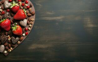 For valentine's day or another holiday, create a web banner using homemade milk chocolate with nuts and dried strawberries. Chocolate on a wooden cutboard on a gray kitchen table. AI Generative photo