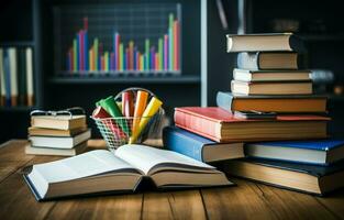 libros en el mesa en contra un fondo de pizarra gráficos y cartas representando crecimiento y caer. colegio de negocio educación. ai generativo foto