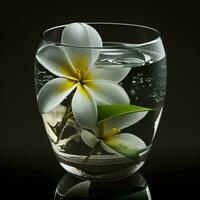 Single frangipani in scented water black background. AI Generative photo