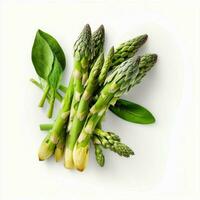 On a white background, there is a bunch of fresh, healthy green asparagus with green leaves attached. AI Generative photo