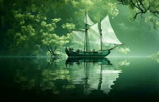 On a green background, there is an abstract artistic image of a ship in the water of a lake. A white, transparent leaf can be seen on the mirror surface of the water, with a reflection. AI Generative photo