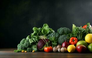 en el izquierda lado de el mesa, con Copiar espacio, es un equilibrado arreglo de vibrantemente de colores, perfectamente maduro frutas y vegetales. ai generativo foto