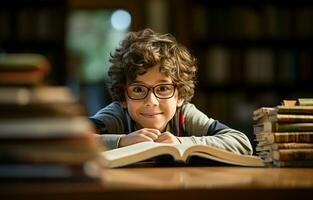 A Hispanic boy wearing glasses stands beside a bookshelf while reading a book for his class assignment and exam preparations in a university library. Low angle portrait. AI Generative photo