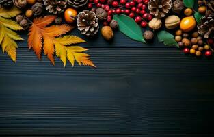 Colorful fall leaves, nuts and pine cones. Corner border over a rustic dark background. Copy space. AI Generative photo