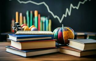 Books on the table against a backdrop of chalkboard graphs and charts depicting growth and fall. School of business education. AI Generative photo