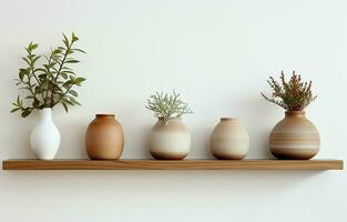 Home decor displayed on a shelf. Vases, flowers, and a succulent plant are displayed. A white wall with a wood shelf. Copy area for a banner. AI Generative photo