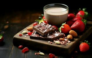 For valentine's day or another holiday, create a web banner using homemade milk chocolate with nuts and dried strawberries. Chocolate on a wooden cutboard on a gray kitchen table. AI Generative photo