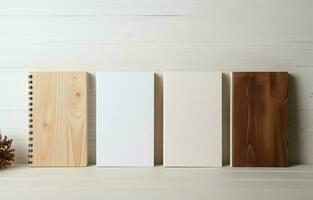 Notebooks on a wooden shelf against a white wall banner background. Make a copy of the space. AI Generative photo