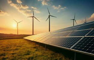 The generation of sustainable green energy using solar energy panel photovoltaic cells and wind turbine farms is a friendly enterprise. Concept of clean, sustainable development. AI Generative photo
