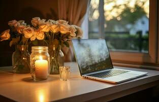 Home office desk made of wood with an alarm clock, a flower vase, a laptop, and books. AI Generative photo