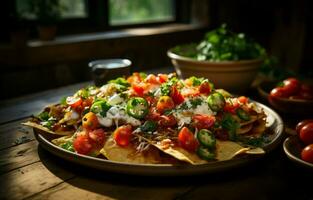 The warm, gooey cheese and tangy tomato sauce are the perfect combination. I love having snacks while I work, and these nachos hit the spot. AI Generative photo