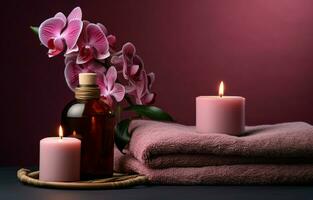 On a purple background, a pink candle, towel with flowers, and a bottle set the scene for a spa experience. AI Generative photo