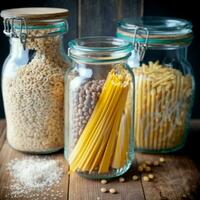 un surtido de sin cocer granos, cereales, y pasta son arreglado en vaso frascos en un de madera mesa, promoviendo sano Cocinando y limpiar comiendo mientras reduciendo desperdiciar. ai generativo foto