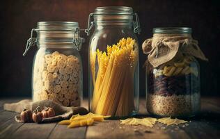 un surtido de sin cocer granos, cereales, y pasta son arreglado en vaso frascos en un de madera mesa, promoviendo sano Cocinando y limpiar comiendo mientras reduciendo desperdiciar. ai generativo foto