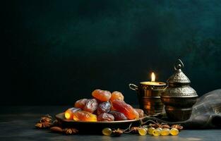 Tabletop image of Ramadan Kareem decoration, dates fruit, Aladdin lamp, and rosary beads on dark stone background. Copy space in a flat lay. AI Generative photo