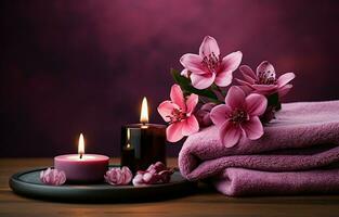 On a purple background, a pink candle, towel with flowers, and a bottle set the scene for a spa experience. AI Generative photo