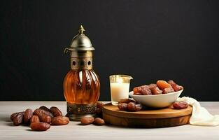 Tabletop image of Ramadan Kareem decoration, dates fruit, Aladdin lamp, and rosary beads on dark stone background. Copy space in a flat lay. AI Generative photo