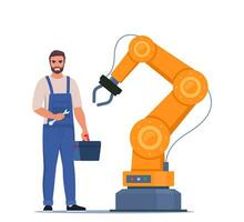 Robotic arm. Industrial tool mechanical robot arm machine hydraulic equipment. Man repairing automated machine hand. Mechanic in uniform with toolbox and wrench in his hand. Vector illustration.