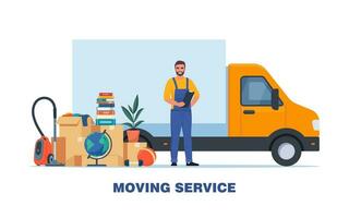 Moving service. Truck and household items. Moving to new house. Service man in uniform. Package transportation. Things, clothes, furniture. Vector illustration.