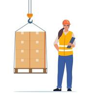 Warehouse worker. Boxes on a pallet are lifted with a crane hook. Warehouse female worker in hard hat manages the loading process. Vector illustration.