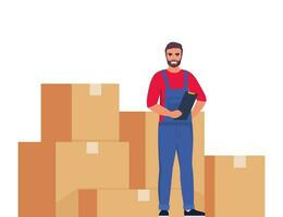 Warehouse worker and stack of boxes. Stock taking job. Vector illustration.