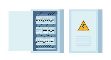 Electrical panel with switches, fuse, contactor, wire, automatic circuit breaker. Stainless steel switchboard box. Power distribution device. Vector illustration.