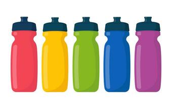 Multicolored sports bottles set. Fresh water plastic containers. Athlete accessory, fitness equipment store item. Active recreation, healthy lifestyle, training attribute. Vector illustration.