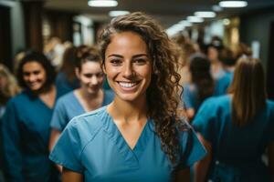 Young nursing student standing in front of her team, created with generative AI photo