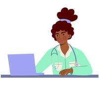 A dark-skinned woman doctor in an uniform sits at her desk and gives online health consultations. The concept of online medicine. vector