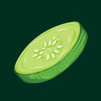 Green cucumber slice vegetable piece vector illustration isolated on square dark green colored background. Simple flat cartoon art styled drawing.