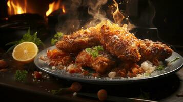 Fried chicken drumsticks with sesame seeds on table. AI Generated. photo