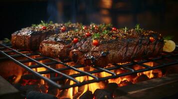 Grilled beef steaks with herbs and spices on a barbecue grill. AI Generated. photo