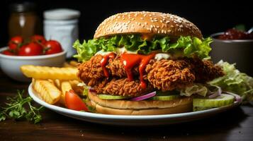 Burger with chicken nuggets and French fries on a wooden table. AI Generated. photo