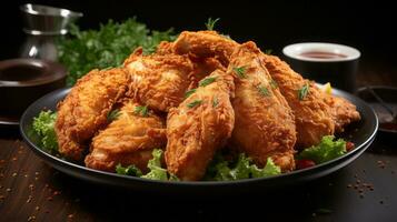 Crispy fried chicken wings with herbs on wooden table. AI Generated. photo