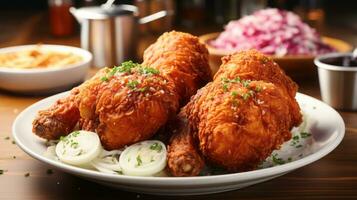 Fried chicken drumsticks with sesame seeds on table. AI Generated. photo