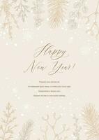 Merry Christmas and Happy New year greeting card. Hand drawn sketch winter postcard. Trendy holiday festive design background for invitations, certificate, social media templates vector