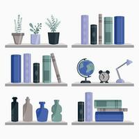 wall shelves with books, potted plants and interior items on a white background vector
