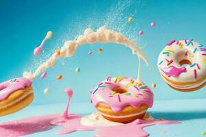 flying donuts with cream splashes. AI Generative Pro Photo