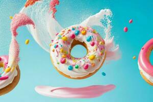 flying donuts with cream splashes. AI Generative Pro Photo