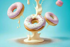 flying donuts with cream splashes. AI Generative Pro Photo