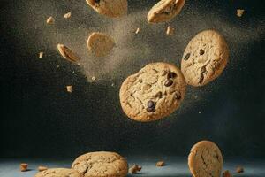 Flying cookies chip cookies. AI Generative Pro Photo