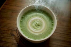 Enchanting Swirls Captivating Aerial View of a Hot Matcha Brew. AI Generated. photo