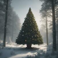 Ai generated content. Enchanted Winter Wonderland Evergreen Forest at Midnight photo