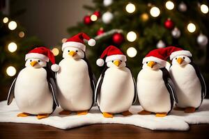 adorable relleno Navidad pingüinos suave y mimoso delicias ai generado. foto