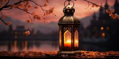 burning lantern at night with the light on. photo
