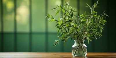 Plant in a vase on a wooden table. photo