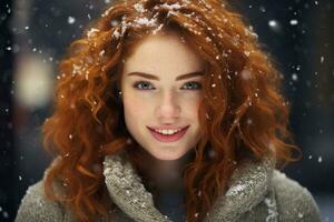 ai generado retrato de hermosa sonriente joven jengibre mujer en pie debajo nevando foto