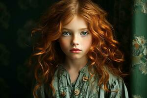 Ai generated studio portrait of cutle little curly ginger girl on different colours background photo