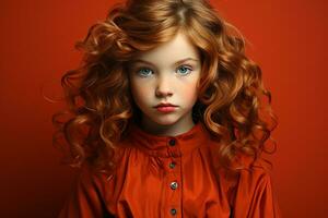 Ai generated studio portrait of cutle little curly ginger girl on different colours background photo