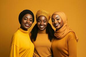 Ai generated Studio portrait of three few beautiful young woman standing together in hug on different colour background photo